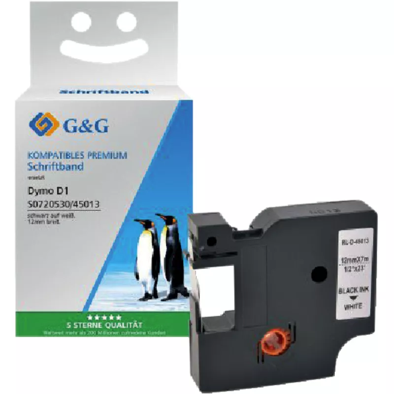 G&G Schriftband, ersetzt Dymo D1 45013, 12 mm x 7 m, schwarz/weiß