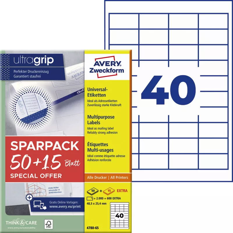 Avery Zweckform 4780-65, Universal-Etiketten, A4, Qualitätsdruck mit: ultragrip, 48,5 x 25,4 mm, 2.600 Etiketten / 65 Bögen, Weiß