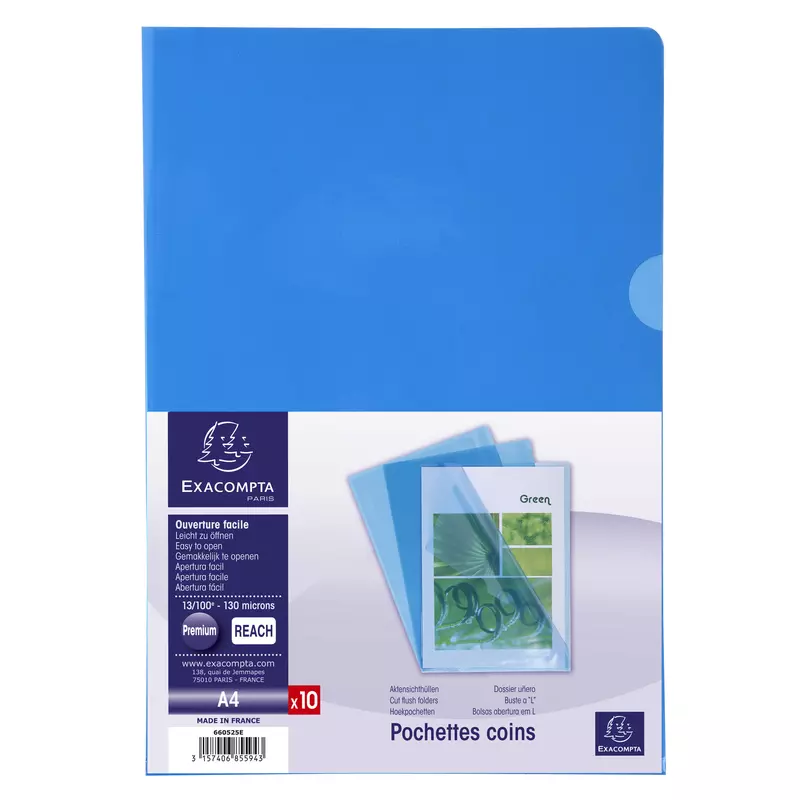 Packung mit 10 Aktensichthüllen aus glattem und festem PVC 130µ, für Format DIN A4 - Blau