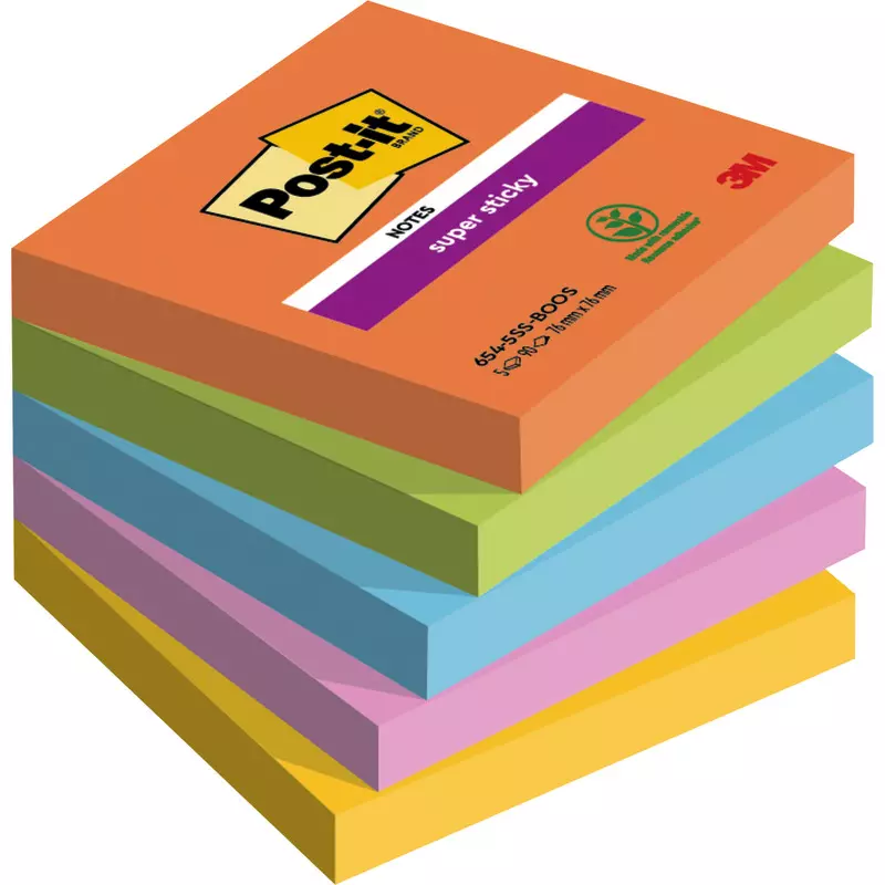 Post-it® Haftnotizen Super Sticky Notes, 76 x 76 mm, 5 Blöcke a´ 90 Blatt, Oasis/ Boost Serie