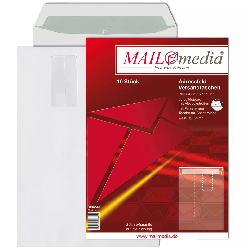 Adressfeldtasche DIN B4, 250 x 353, haftklebend, weiß, 120 g/m², mit Fenster 55 x 90 mm, Pack: 10 Stück