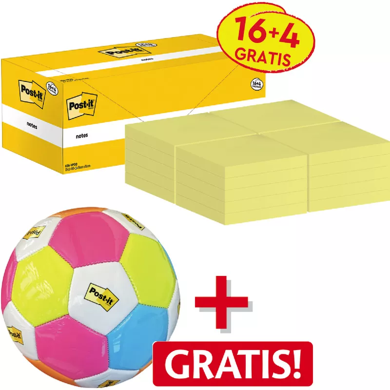 16 + 4 GRATIS! 20 Blöcke Post-it® Haftnotizen, 76 x 76 mm, gelb + 1 Fußball GRATIS!