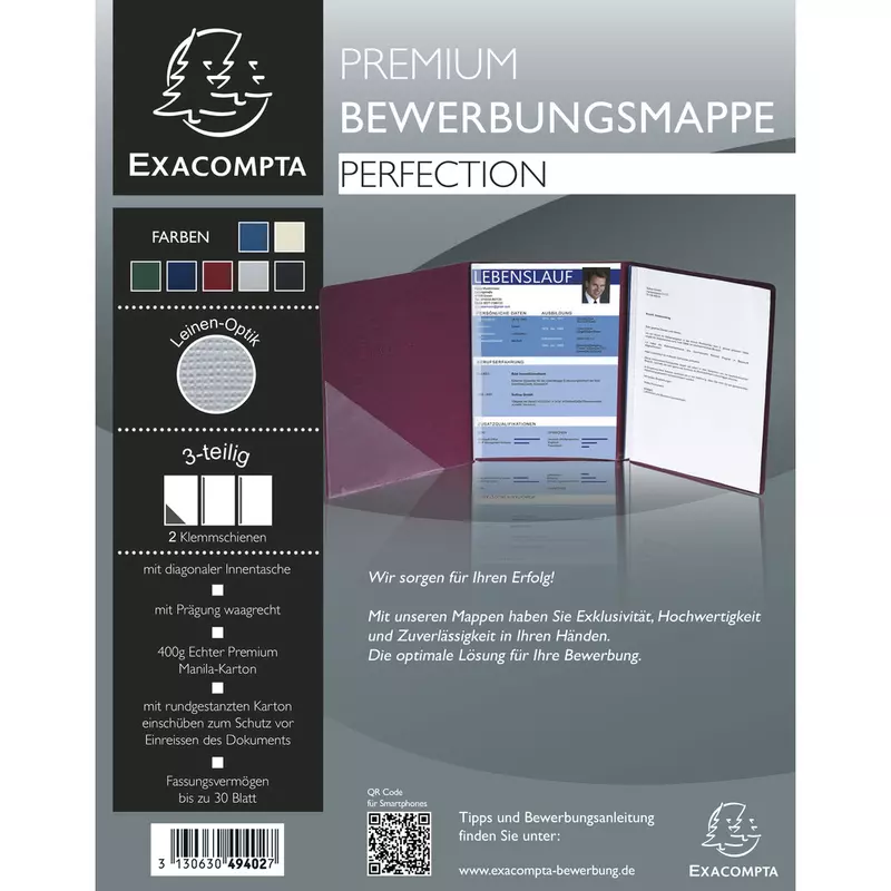Bewerbungsmappe aus Colorspan-Karton 400g/qm mit Leinenoptik, Serie Perfection, 3-teilig mit 2 Klemmschienen und Innentasche, DIN A4 - Blau