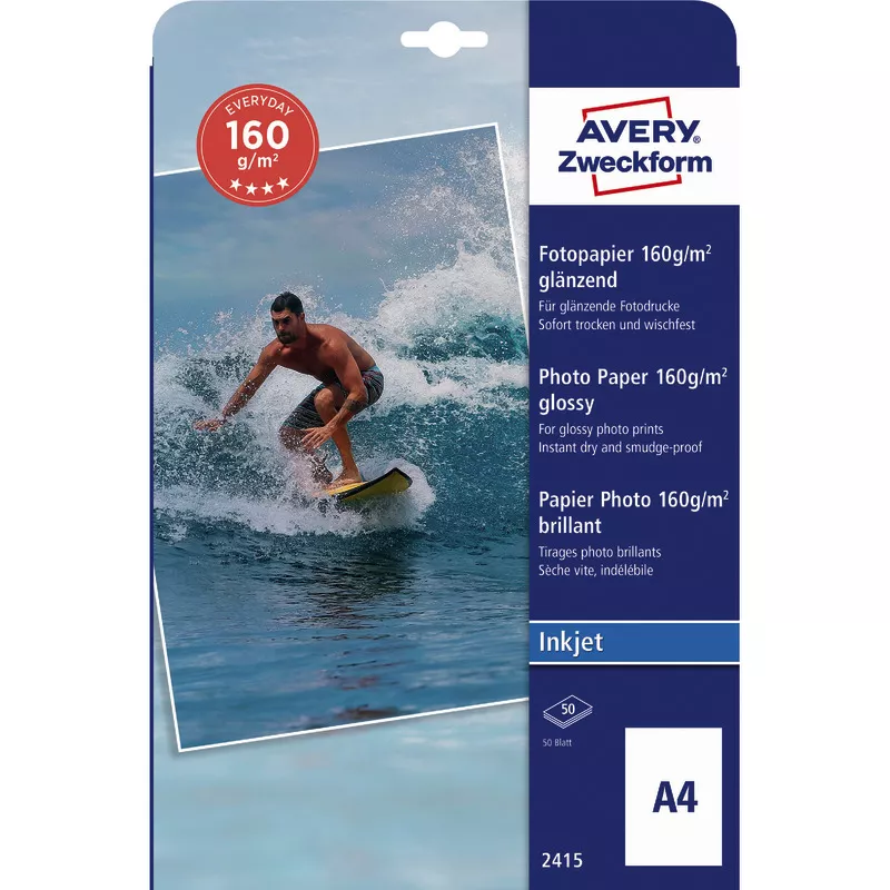 AVERY Zweckform Everyday Inkjet Fotopapier, glänzend, DIN A4, 160 g/m², Packung: 50 Blatt