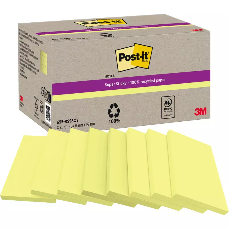 Post-it® Super Sticky 100 % Recycling Notes, Gelb, 127 mm x 76 mm, 70 Blatt/Block, 8 Blöcke/Packung