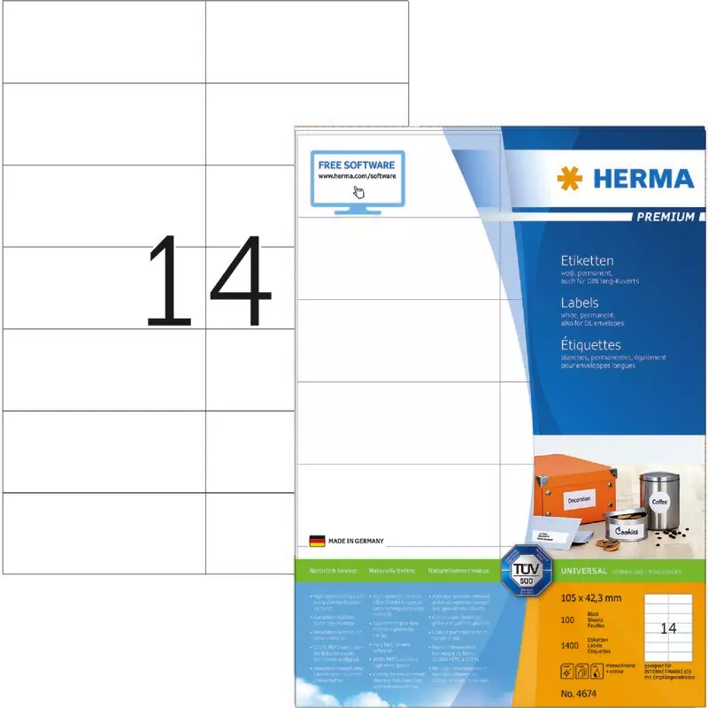 HERMA PREMIUM Etiketten 4674, PC-bedruckbar, B x H: 105 x 42,3 mm, 1.400 Stück