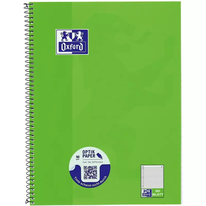 Oxford A4+ Collegeblock, liniert mit Rand links, 80 Blatt, Optik Paper®, Spiralbindung, 4-fach gelocht