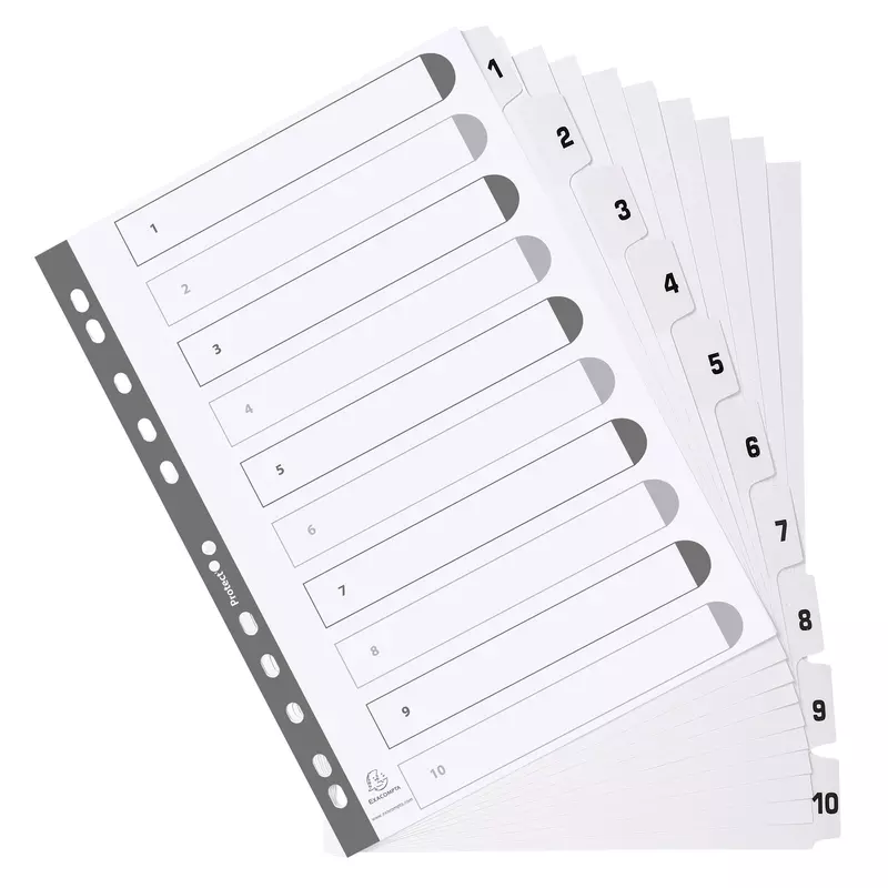 Bedruckte Register mit plastifizierten Taben, 10 Taben von 1 bis 10, DIN A4 - Weiß