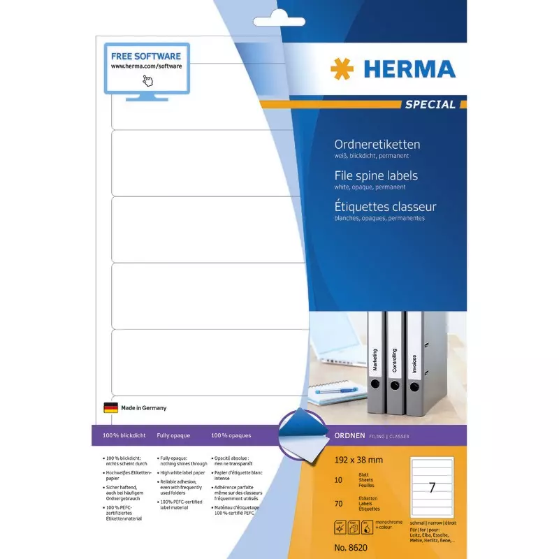 HERMA Etiketten 8620, B x H: 192 x 38 mm, Ordner weiß