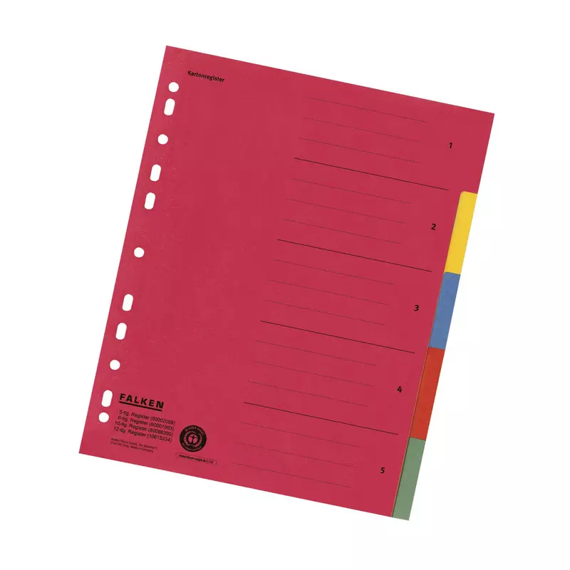 Falken - Register Karton, 24,0 x 29,7cm, 230g/m2 Manila-RC-Krt., 5-teilig - Farben sortiert