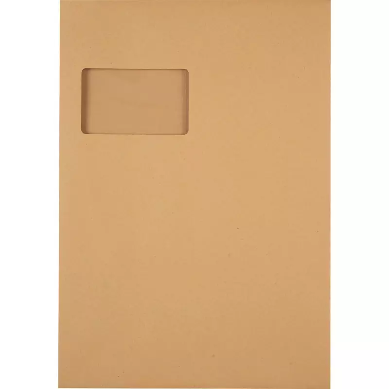 Versandtasche DIN C4, 20 mm Seitenfalte und Klotzboden, haftklebend, Fenster, braun, 150 g/m², 200 Stück