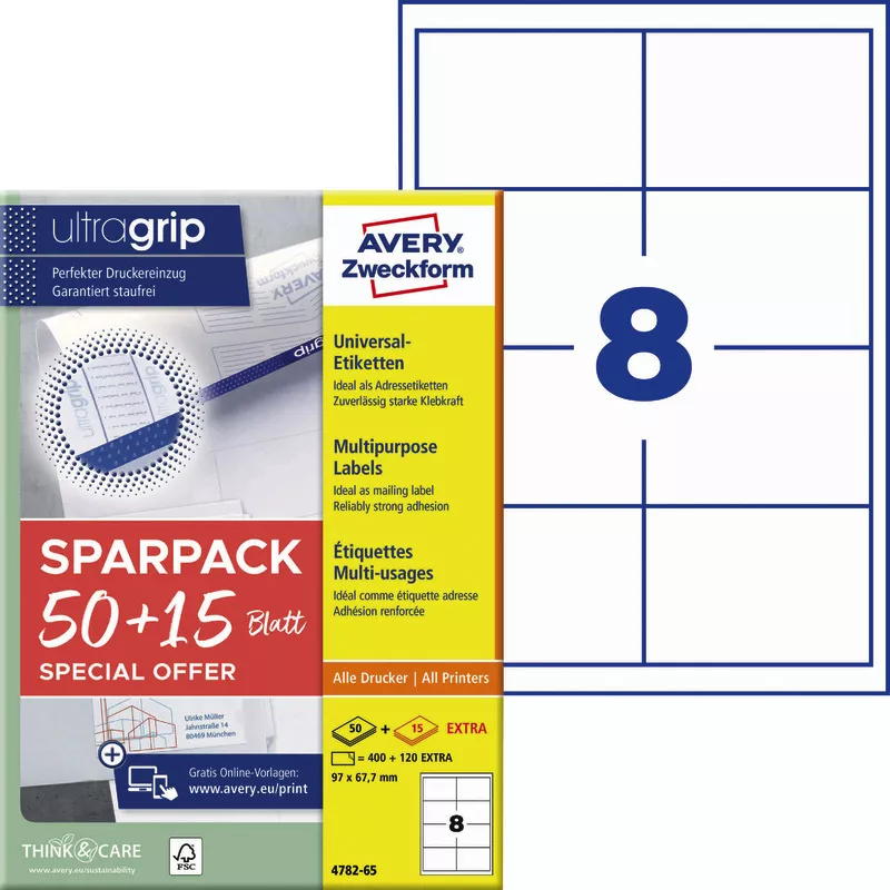 Avery Zweckform 4782-65, Universal-Etiketten, A4, Qualitätsdruck mit: ultragrip, 97 x 67,7 mm, 520 Etiketten / 65 Bögen, Weiß
