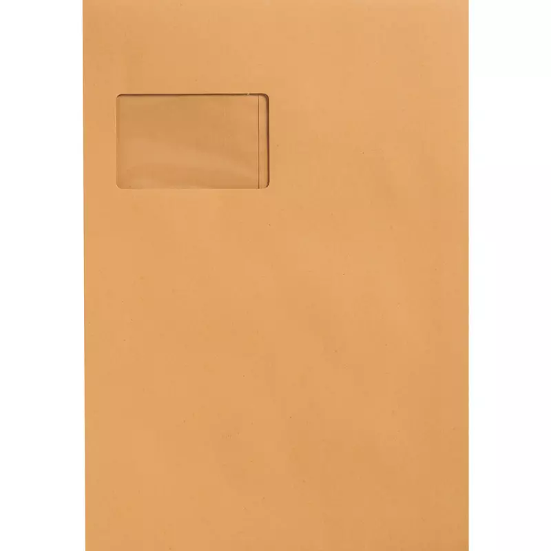 Versandtasche DIN C4 mit Seitenfalte und 40 mm Stehboden, mit Fenster, braun, Pack: 100 Stück