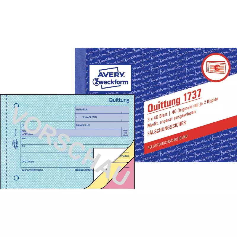 AVERY® Zweckform Quittung 1737 MwSt. separat ausgewiesen, A6 quer, selbstdurchschreibend, 3x40 Blatt