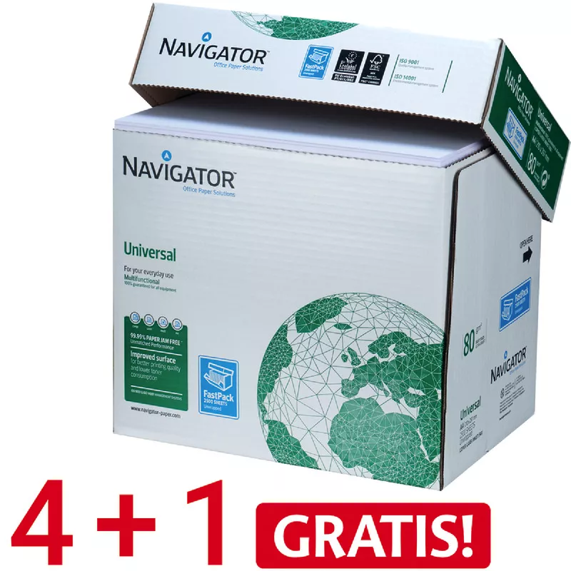 4 + 1 GRATIS! 5 Maxi-Boxen NAVIGATOR Kopierpapier UNIVERSAL, DIN A4, 80 g/m², Maxi-Box: 2.500 Blatt