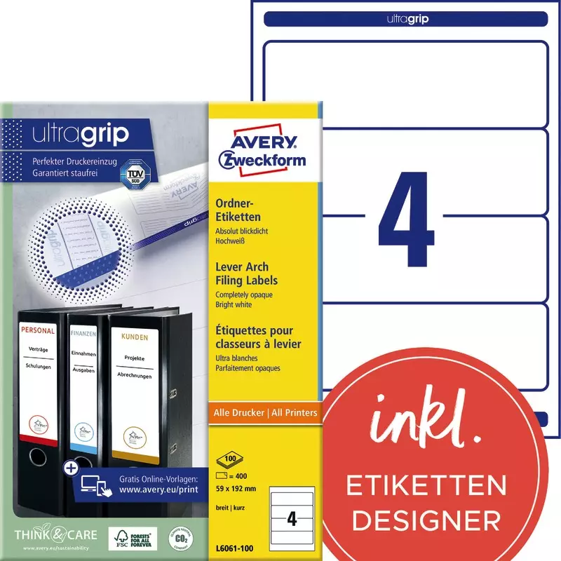 AVERY® Zweckform L6061-100 Ordnerrücken-Etiketten, 59 x 192 mm, 100 Bogen/400 Etiketten, weiß