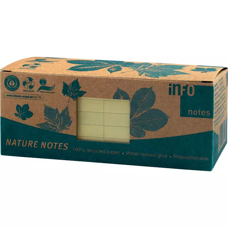 INFO NOTES Recycling Haftnotizen Nature Notes, gelb, 75 x 75 mm, 12 Blöcke à 100 Blatt