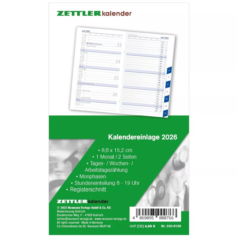 Kalender-Ersatzeinlage 2026 für Taschenplaner 530, 1M/2S ZETTLER 660076