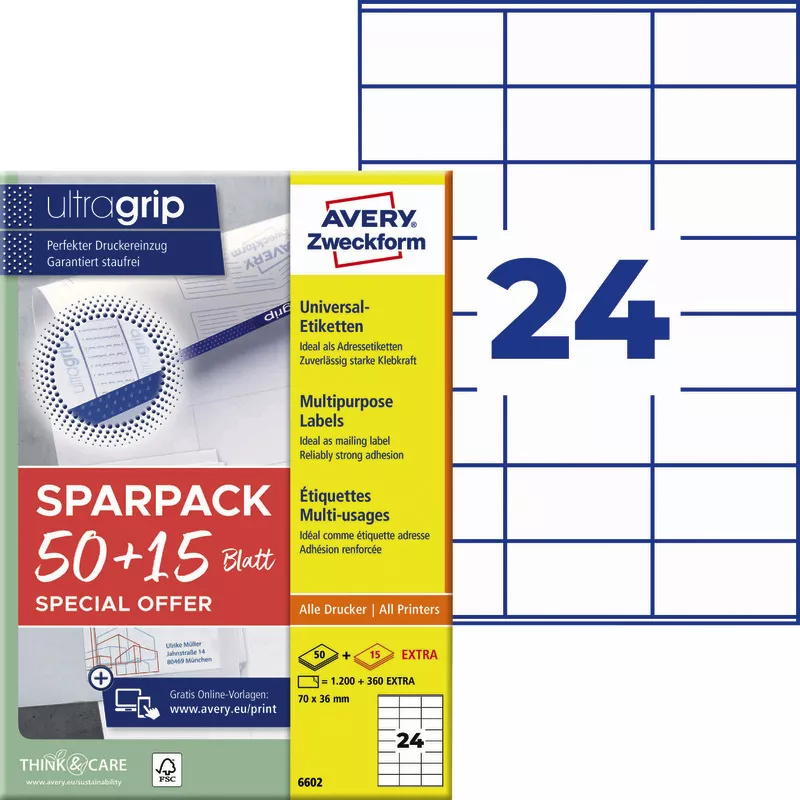 Avery Zweckform 6602, Universal-Etiketten, A4, Qualitätsdruck mit: ultragrip, 70 x 36 mm, 1.560 Etiketten / 65 Bögen, Weiß