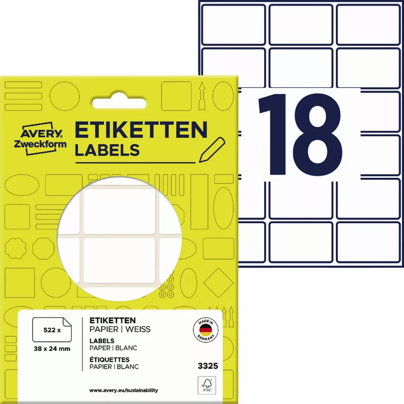 AVERY® Zweckform Vielzweck Etiketten 3325, 38 x 24 mm, 29 Bogen/522 Etiketten, weiß