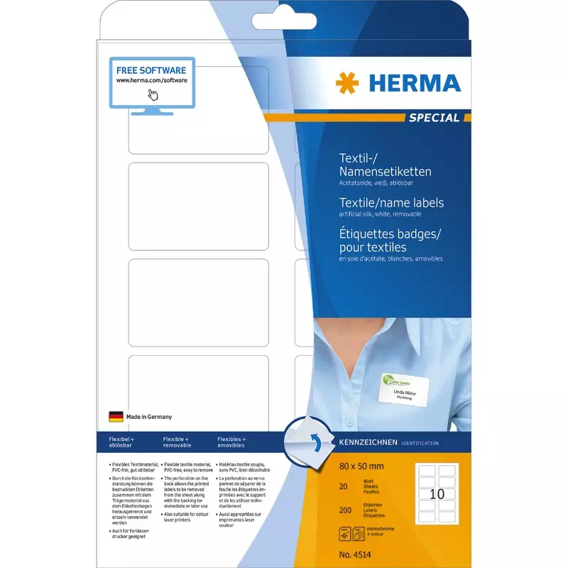 HERMA Namensetiketten 4514, ablösbar, A4, 80 x 50 mm, weiß, trennbar, aus Acetatseide, bedruckbar