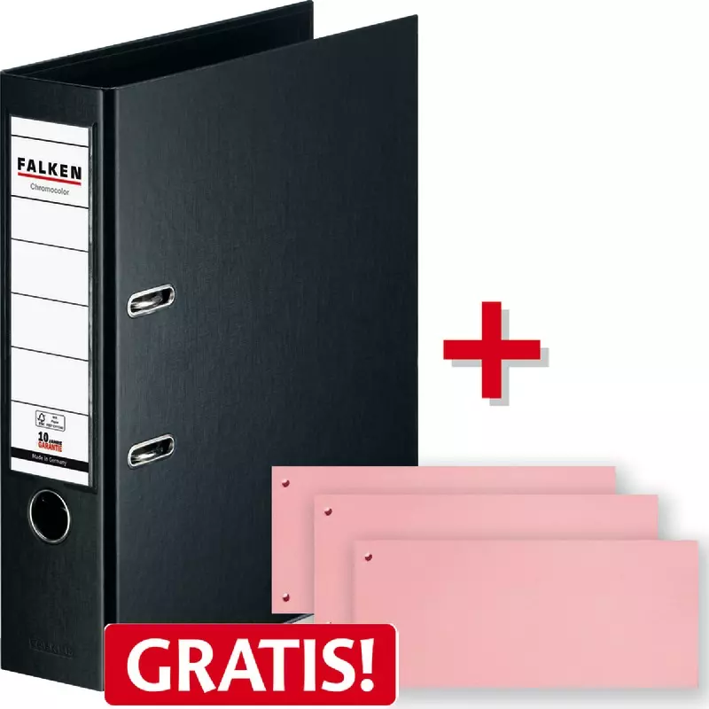 AKTION! 10 FALKEN Chromocolor-Voll-PP-Ordner A4, 80 mm, schwarz + 200 Trennstreifen rosa