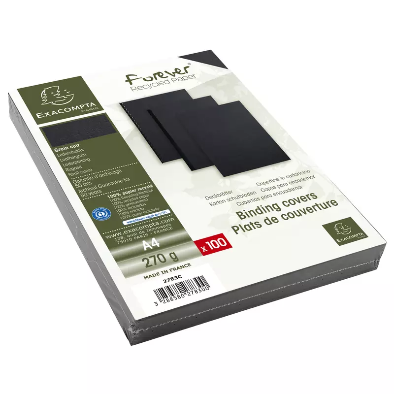 100er Packung Einbanddeckel, Evercover 270g/qm, Lederprägung, für DIN A4 Format - Schwarz