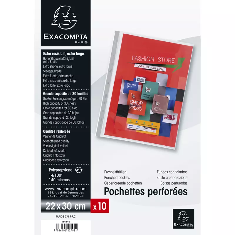 Packung mit 10 Prospekthüllen für Exagraphic aus glattem PP, Format DIN A4 - Transparent